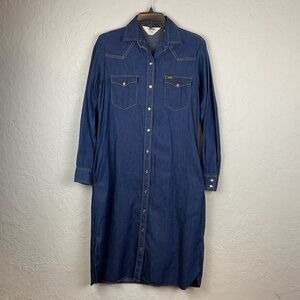 Women’s 80s Lee Denim Button Down Shirt Dress Western Snaps Sz 9-10